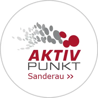Rundes Logo „AKTIV PUNKT Sanderau“ mit roten und grauen Elementen.