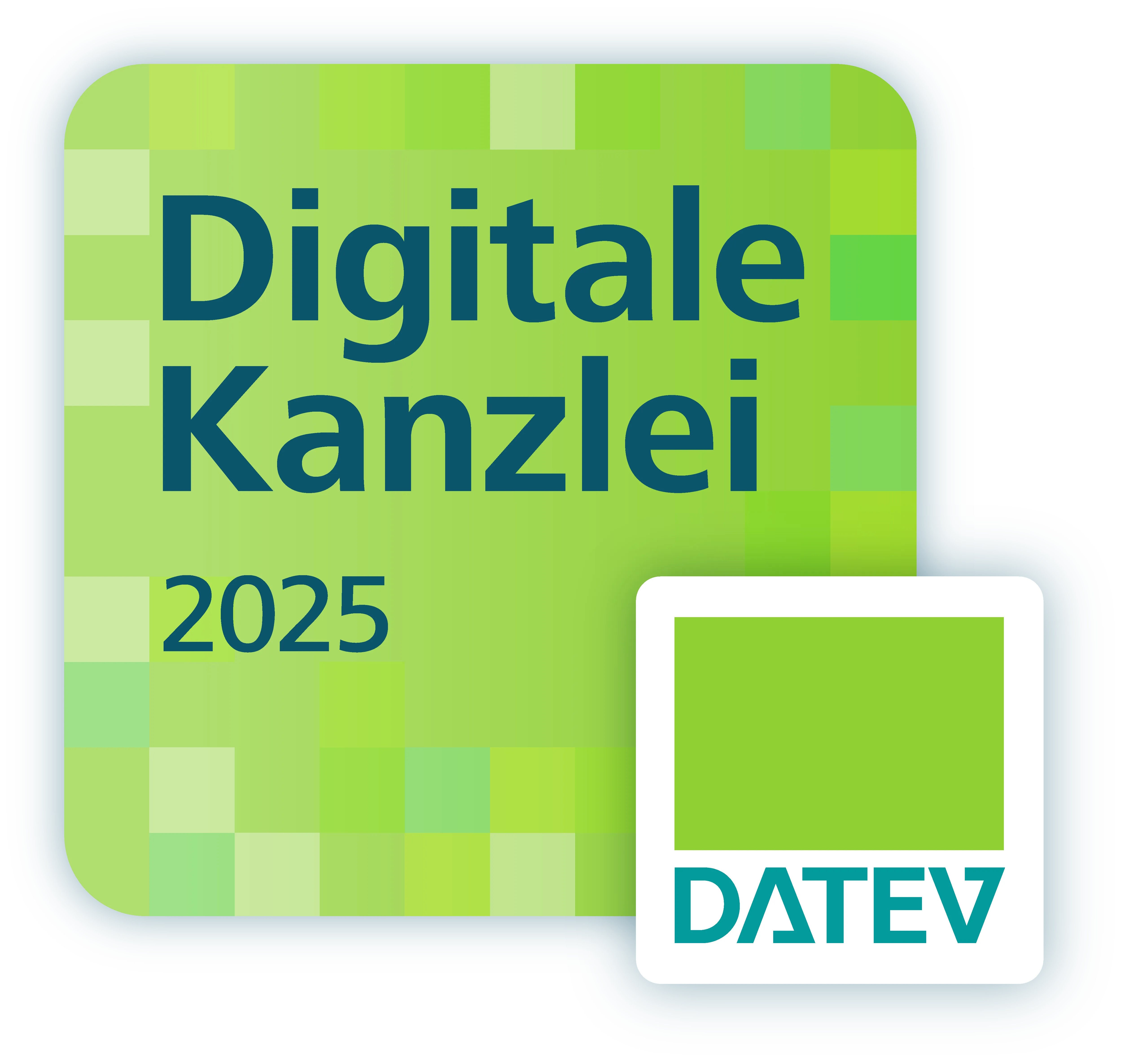 Siegel „Digitale Kanzlei 2025“ mit DATEV-Logo auf grünem Hintergrund.