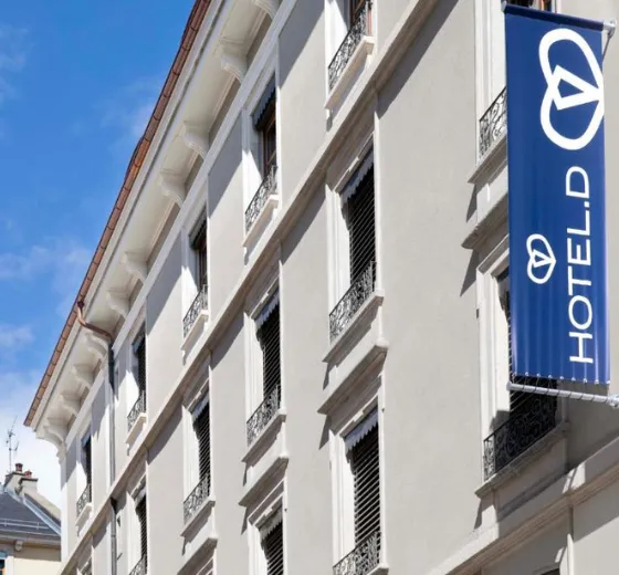 Façade élégante de l’Hôtel D. Genève, partenaire hébergement de choix pour vos séjours corporate avec INÜI Collection.
