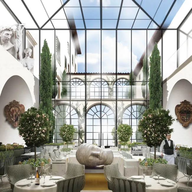 Déjeuner raffiné dans un restaurant lumineux avec vue sur Florence lors d’un événement signé INÜI Collection.