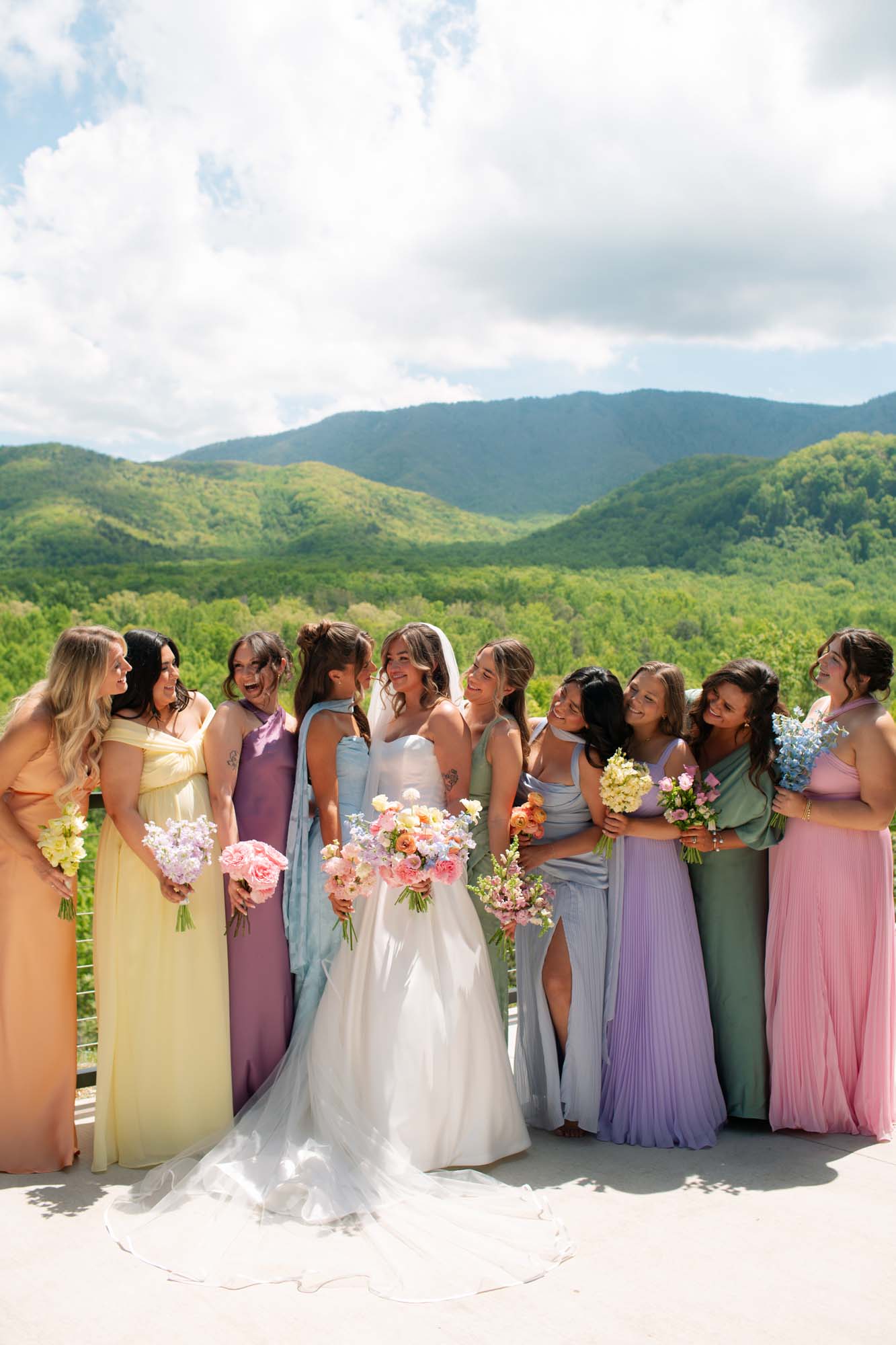 Bridal party portraits with mountain backdrop at Trailhead Venues.