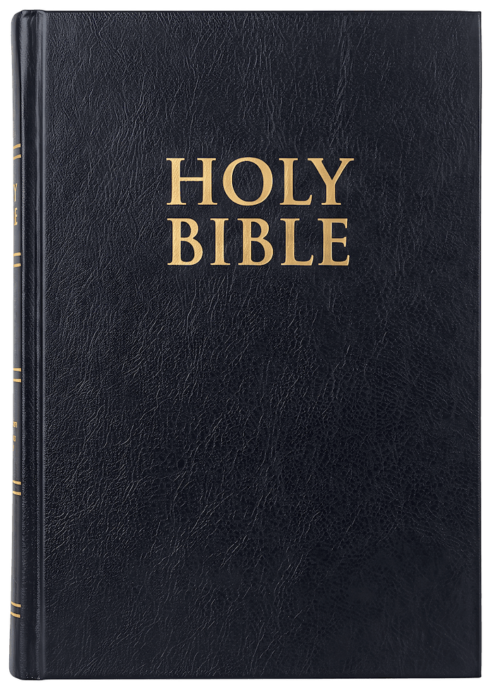 Black leather-bound Holy Bible with gold lettering.