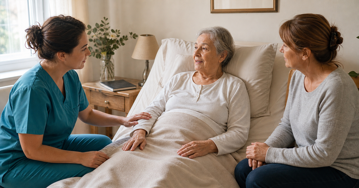 Une soignante en tenue bleue échange avec une femme âgée installée dans un lit, en présence d’une autre femme assise à ses côtés.