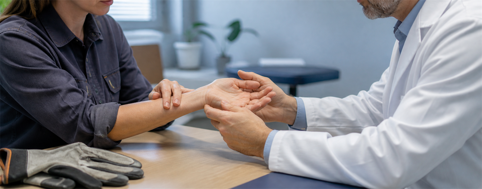 Médecin généraliste examinant le poignet d’une patiente en tenue de travail présentant un syndrome du canal carpien.