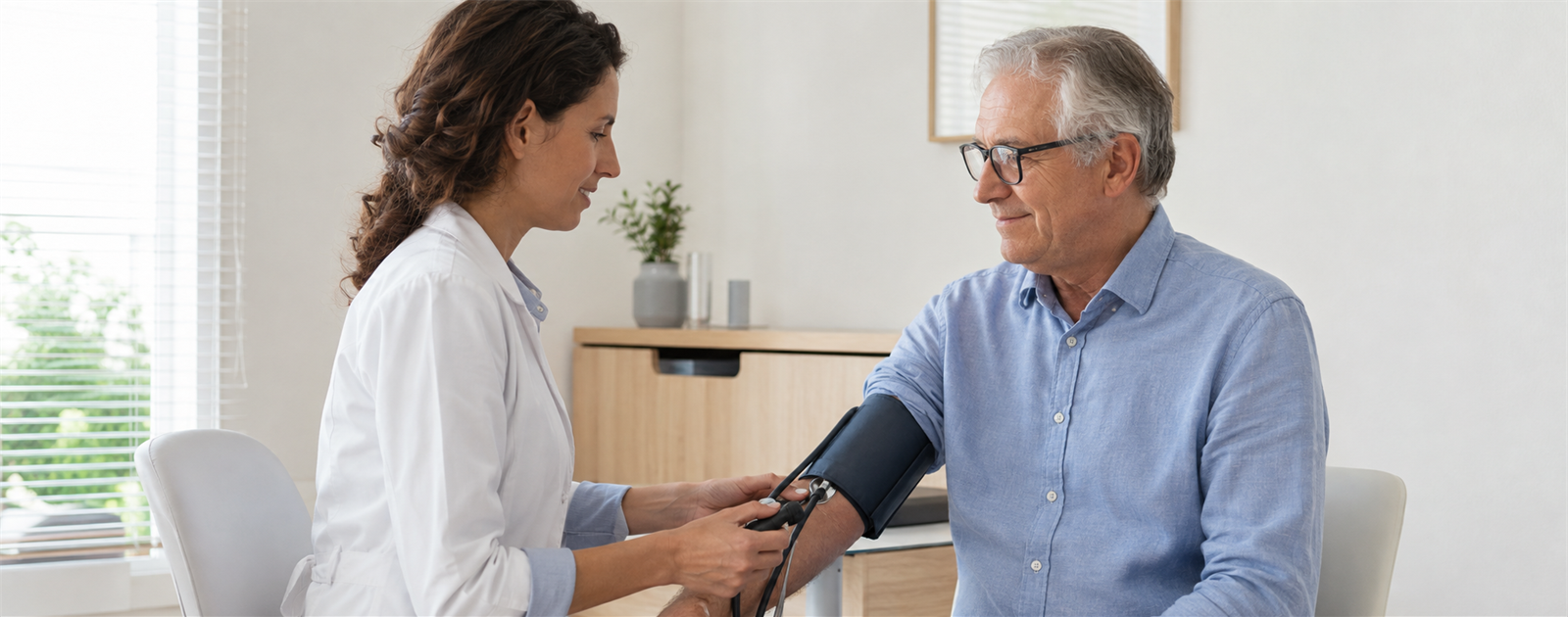 Professionnelle de santé mesurant la tension artérielle d’un patient senior lors d’une consultation de prévention de la démence.