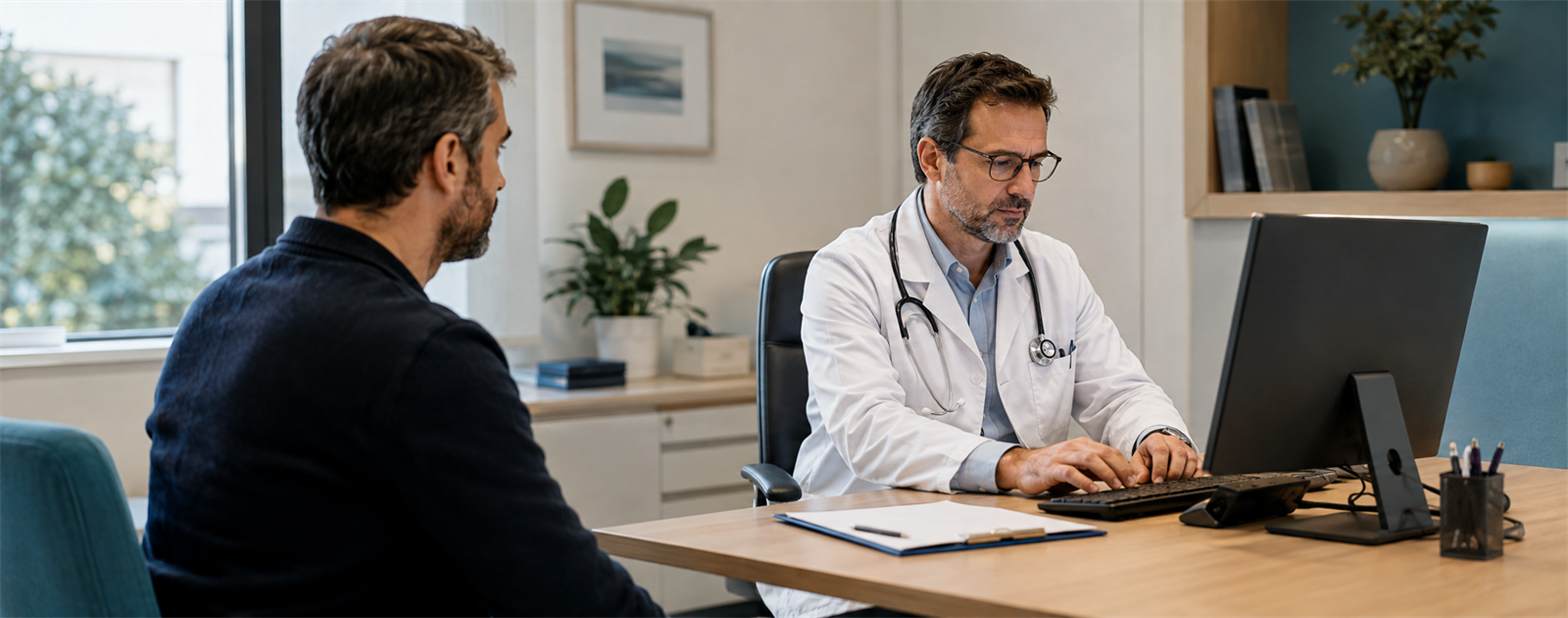 Médecin remplissant un arrêt de travail dématérialisé sur son ordinateur lors d’une consultation avec un patient.