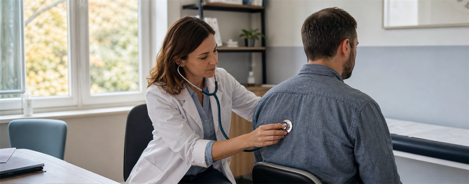 Médecin généraliste auscultant le dos d’un patient adulte lors d’une consultation pour symptômes respiratoires.