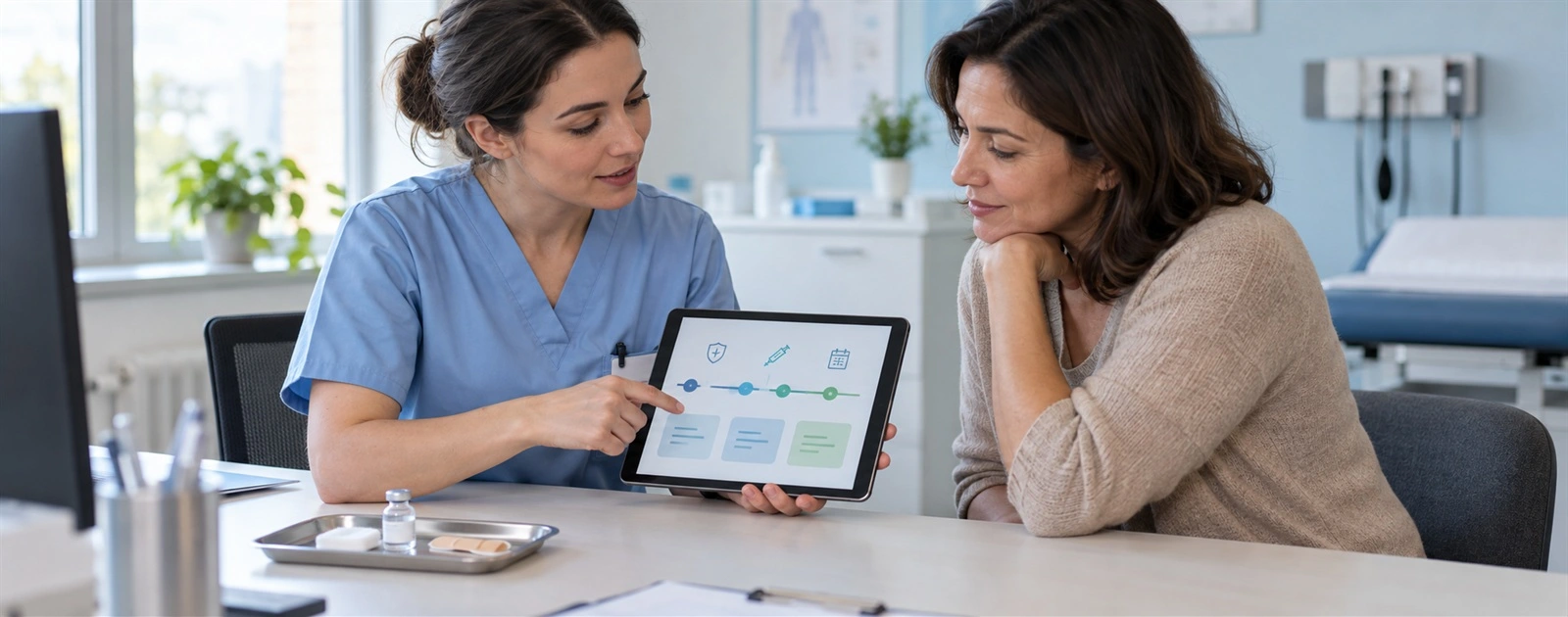 Infirmière consultant le carnet de vaccination électronique d’une patiente sur une tablette au cabinet.