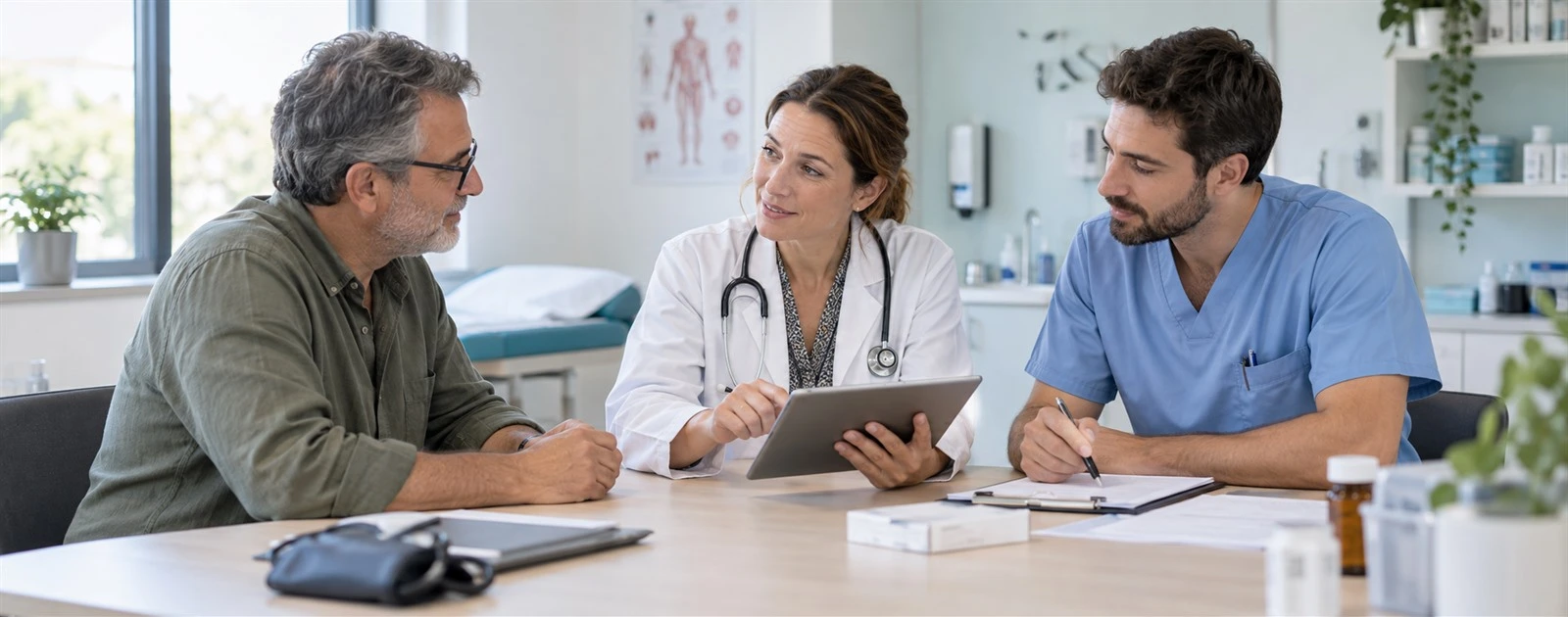 Médecin généraliste et infirmier échangeant avec un patient pour sécuriser son traitement et le suivi de sa maladie chronique.