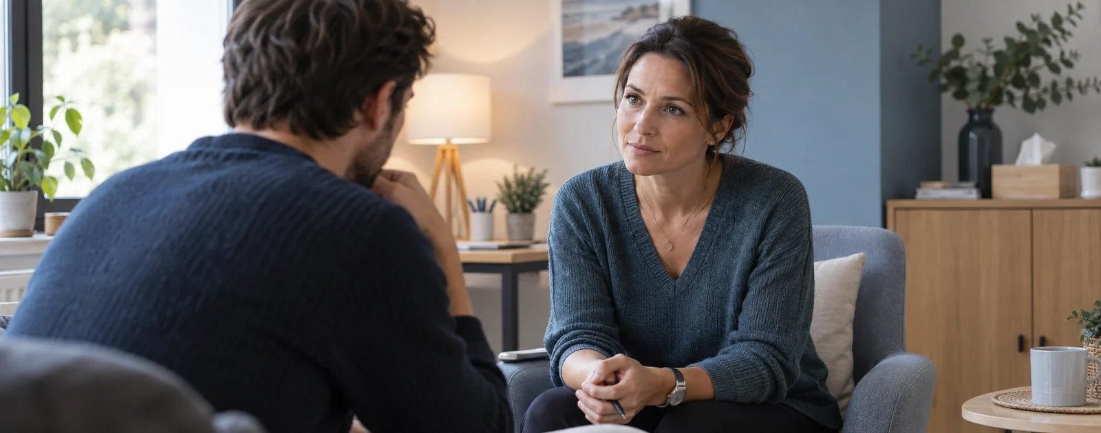 Infirmière à l’écoute d’un patient adulte lors d’un entretien de repérage de la souffrance psychique.