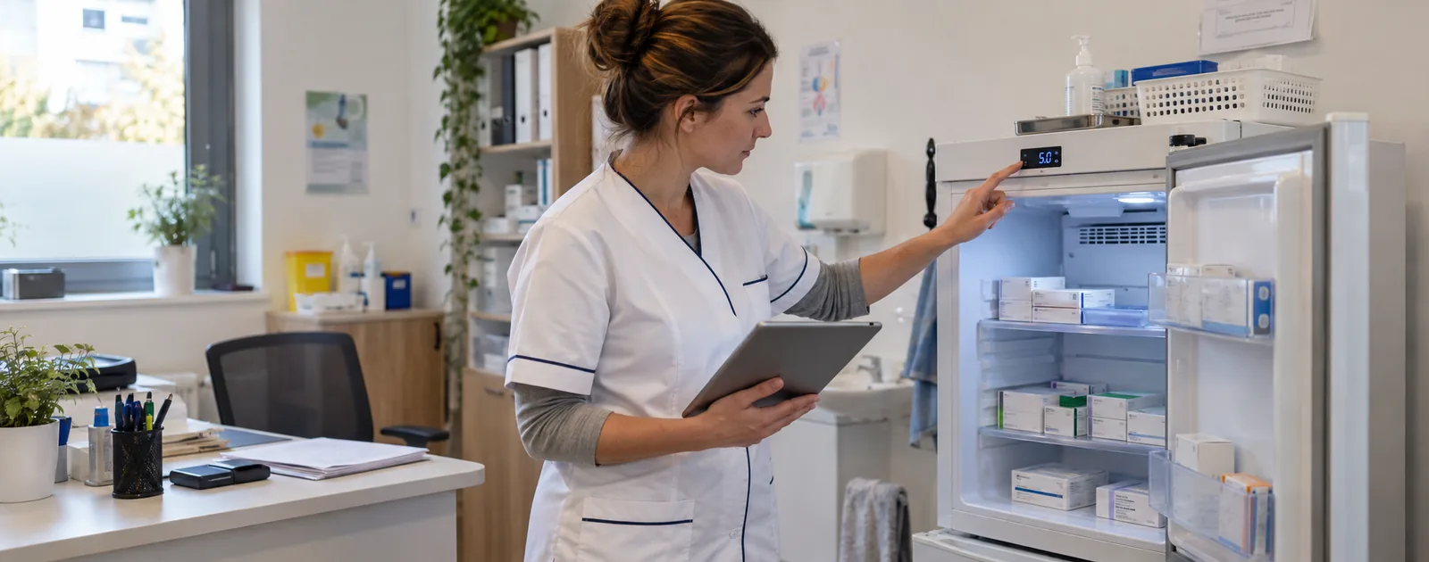 Infirmière libérale vérifiant la température d’un réfrigérateur médical contenant des vaccins dans son cabinet.