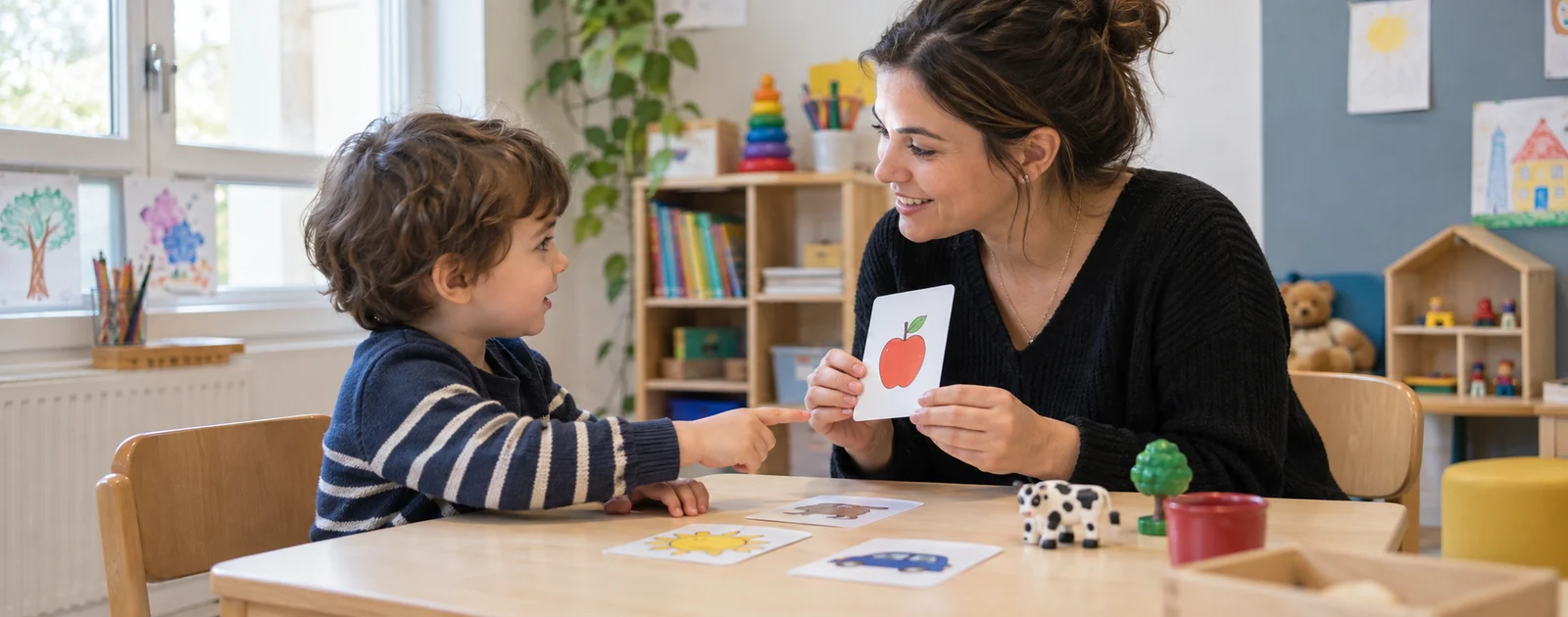 Orthophoniste présentant une carte illustrée à un enfant de maternelle pendant une activité de repérage du langage.