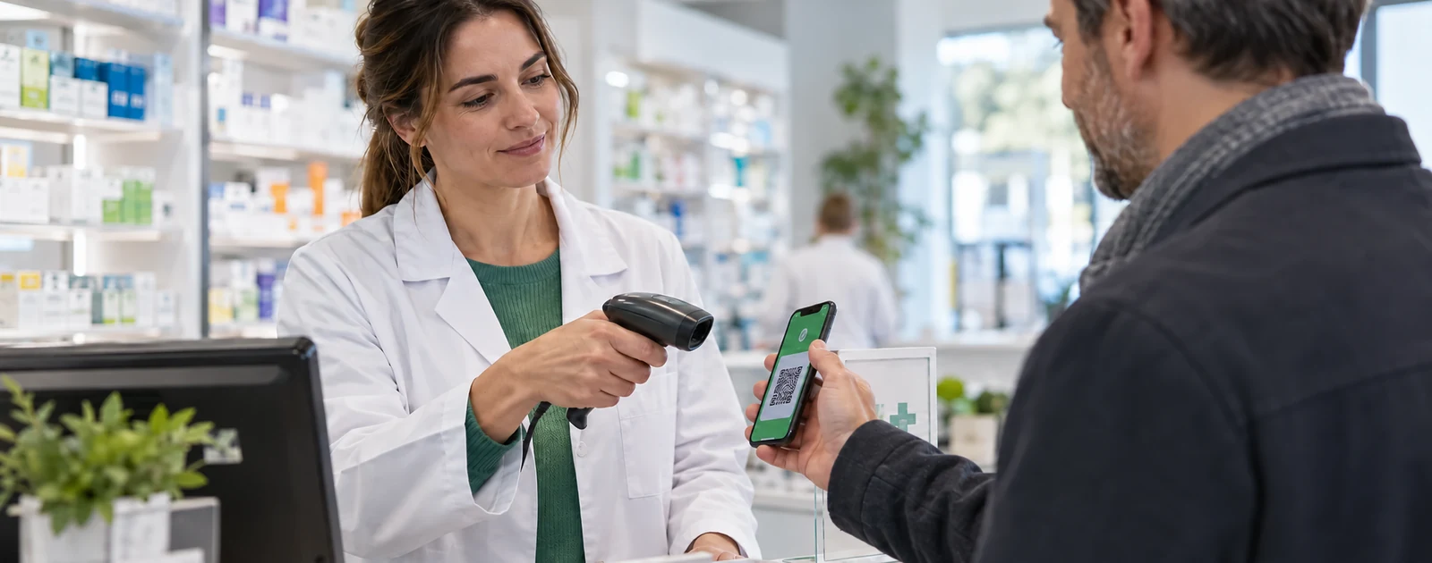 Pharmacienne scannant le QR code de l’appli carte Vitale présenté par un patient sur son smartphone.