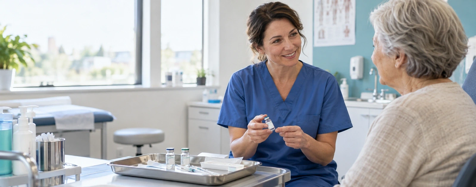 Infirmière présentant un flacon de vaccin à une patiente âgée dans un cabinet médical, avec deux vaccins préparés sur un plateau.