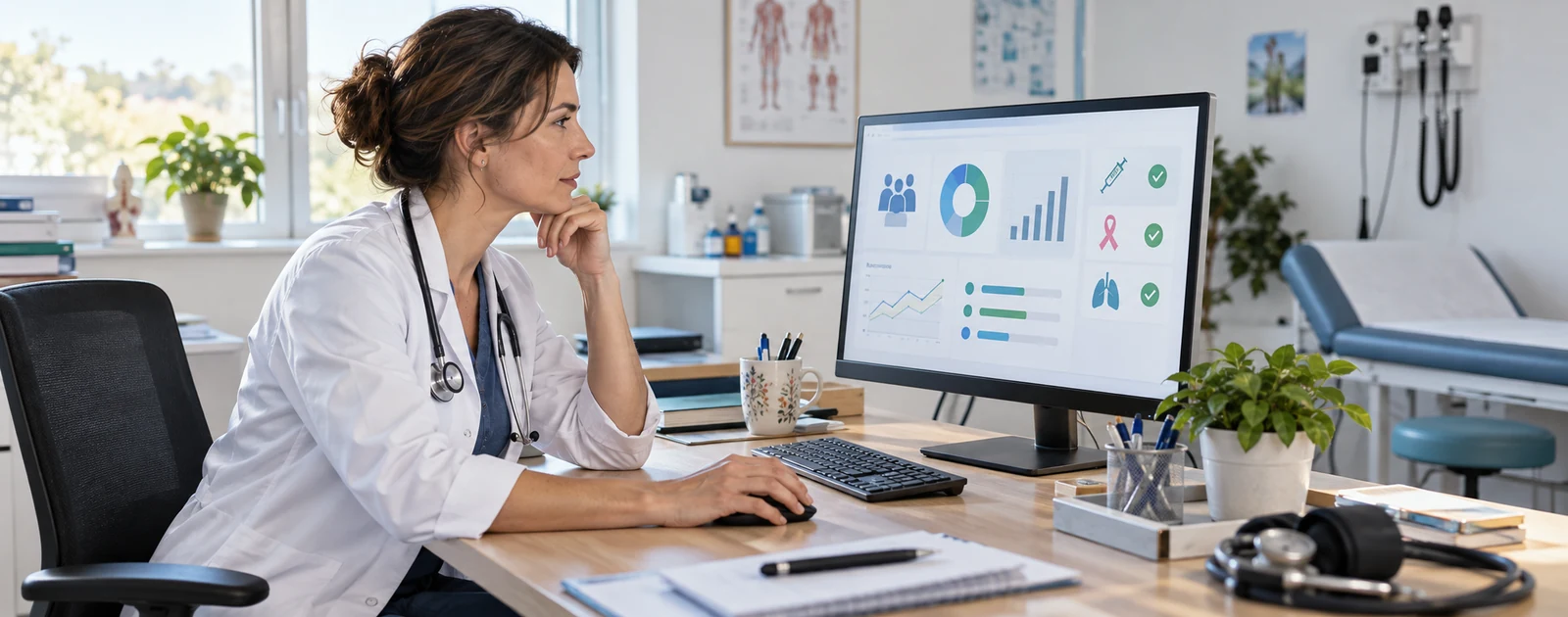 Médecin généraliste consultant un tableau de bord numérique de suivi des dépistages et vaccinations dans son cabinet.