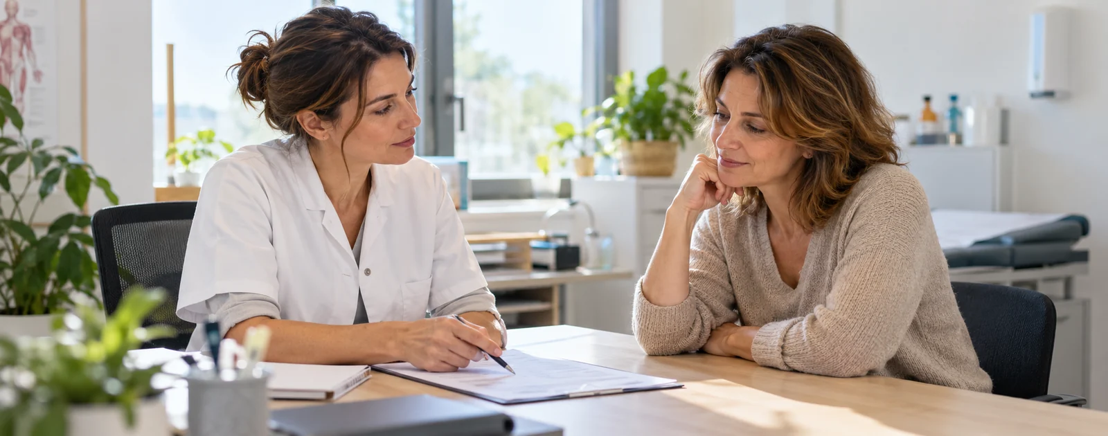 Professionnelle de santé échangeant avec une patiente de 45 à 50 ans autour d’un questionnaire de prévention en consultation.