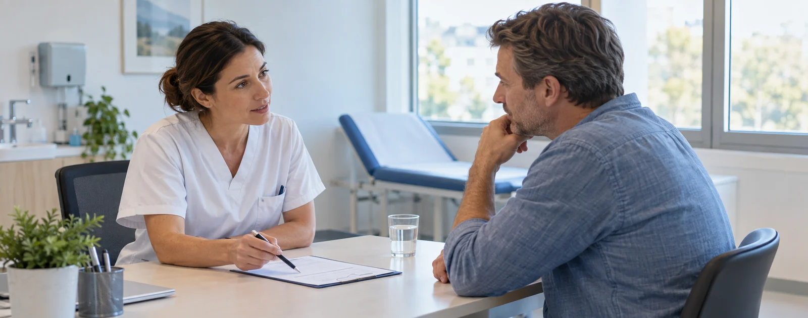 Infirmière échangeant avec un patient adulte lors d’une consultation de prévention sur la consommation d’alcool.