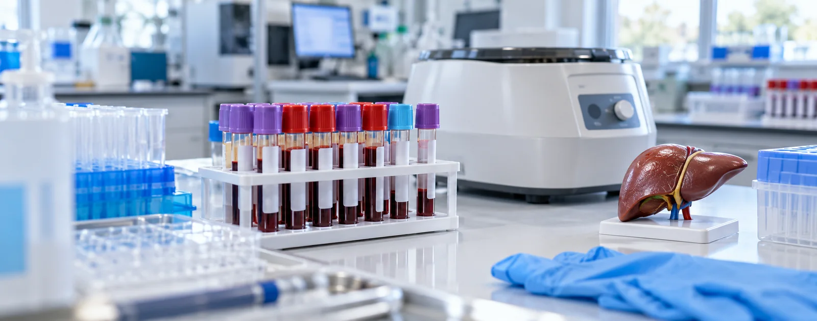 Tubes d’analyse sanguine devant une centrifugeuse et un modèle anatomique du foie dans un laboratoire, illustrant le dépistage des hépatites B et Delta.