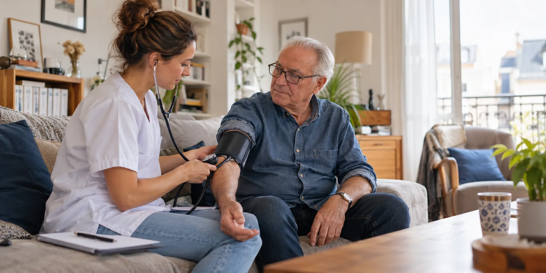 Infirmière libérale mesurant la pression artérielle d’un patient chronique à son domicile.