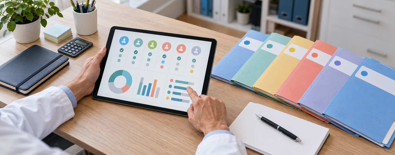 Médecin consultant sur une tablette un tableau de bord graphique de prévention, entouré de dossiers patients colorés dans son cabinet.