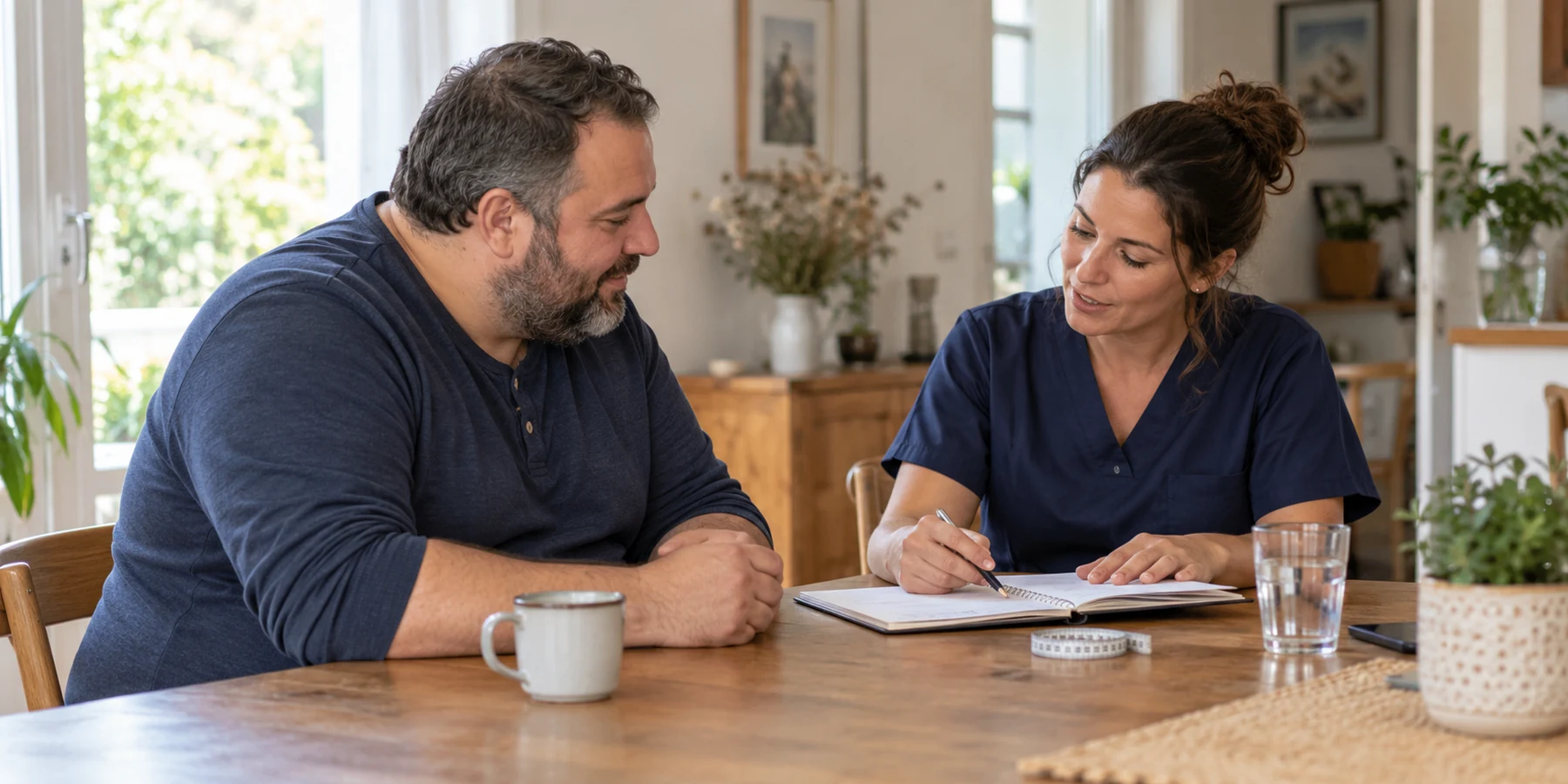 Infirmière libérale échangeant avec un patient à son domicile autour de son suivi de santé.