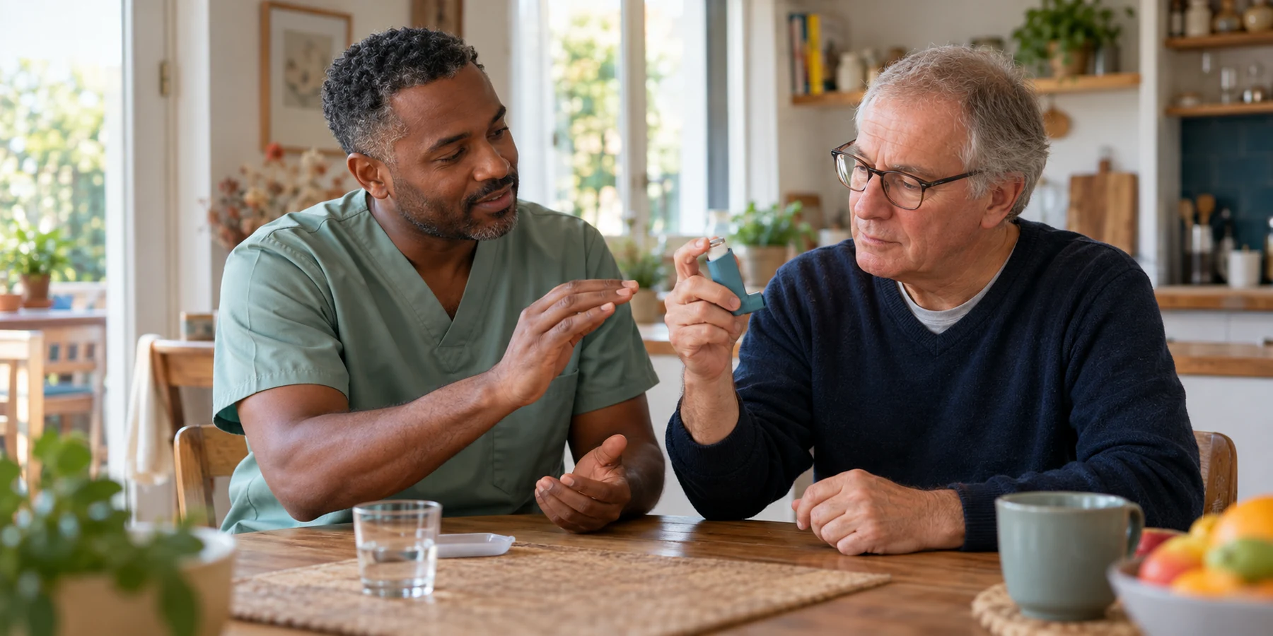 Infirmier libéral accompagnant à domicile un patient chronique dans l’utilisation de son inhalateur.
