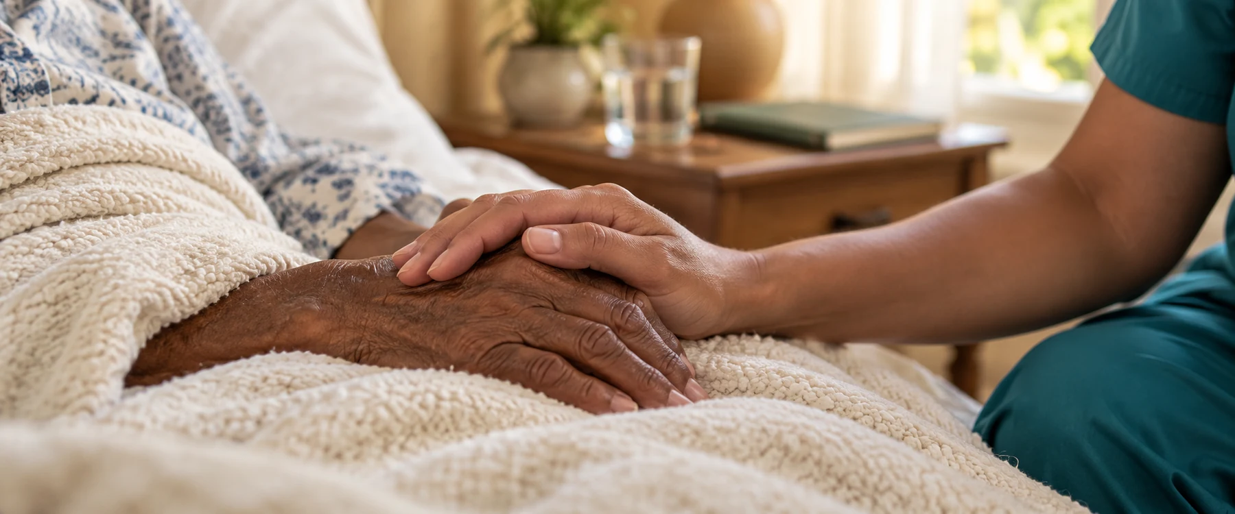 Main d’une infirmière posée avec douceur sur celle d’un patient âgé lors de soins palliatifs à domicile.