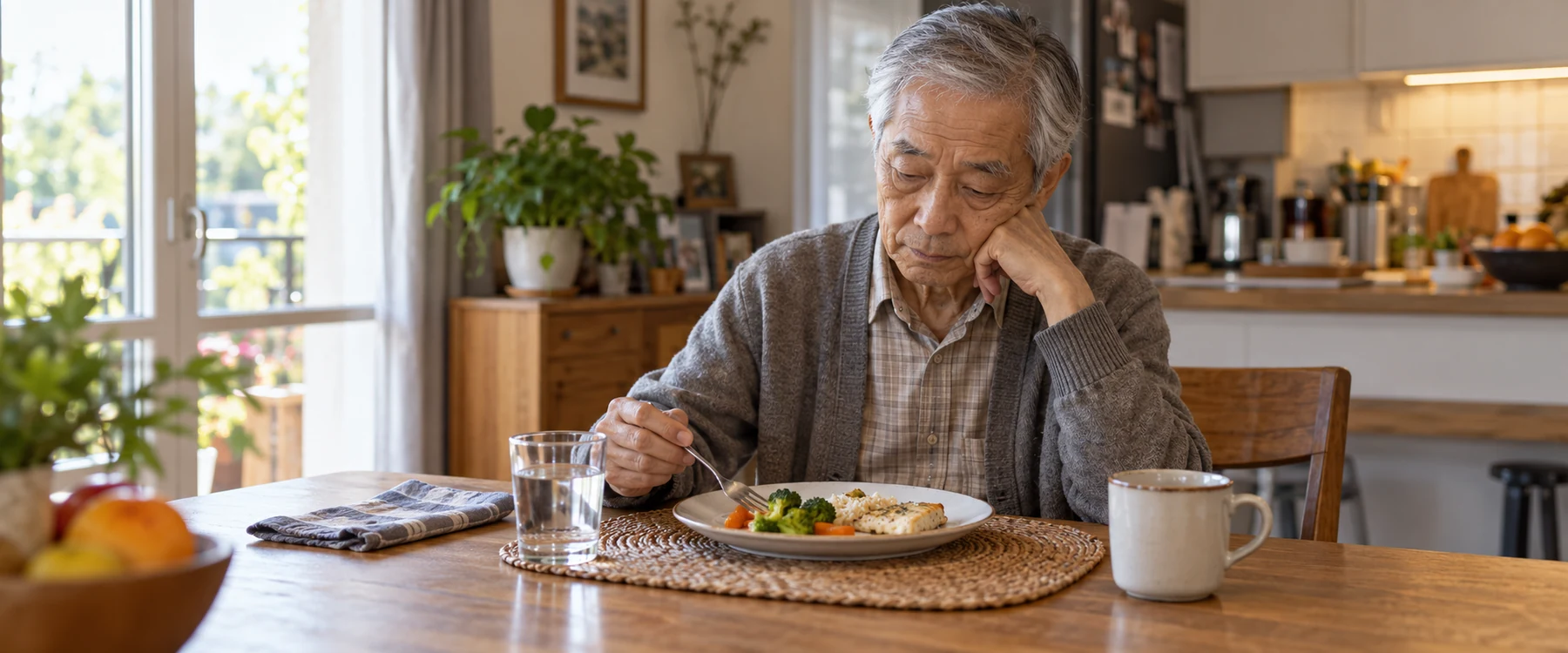 Homme âgé assis à domicile devant un repas peu consommé, illustrant le risque de dénutrition.