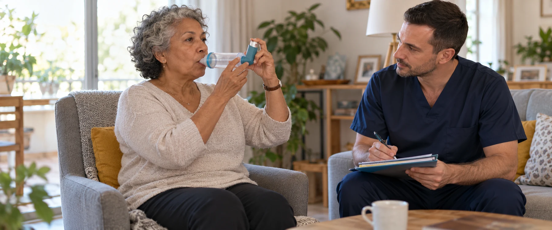 Patiente utilisant un inhalateur avec chambre d’inhalation sous le regard d’un infirmier à domicile.
