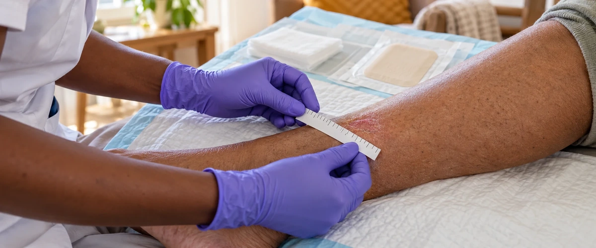 Infirmière mesurant une plaie superficielle sur la jambe d’un patient lors d’un soin à domicile.