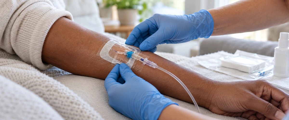 Infirmière contrôlant le pansement transparent d’un cathéter veineux périphérique à domicile.