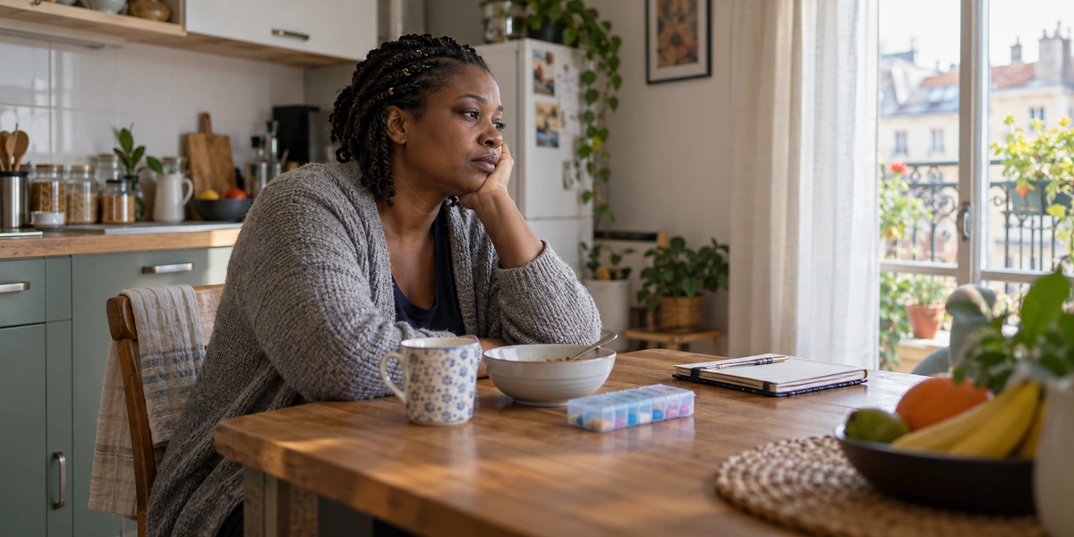Femme assise à sa table devant un petit-déjeuner peu consommé et un pilulier, dans son appartement.