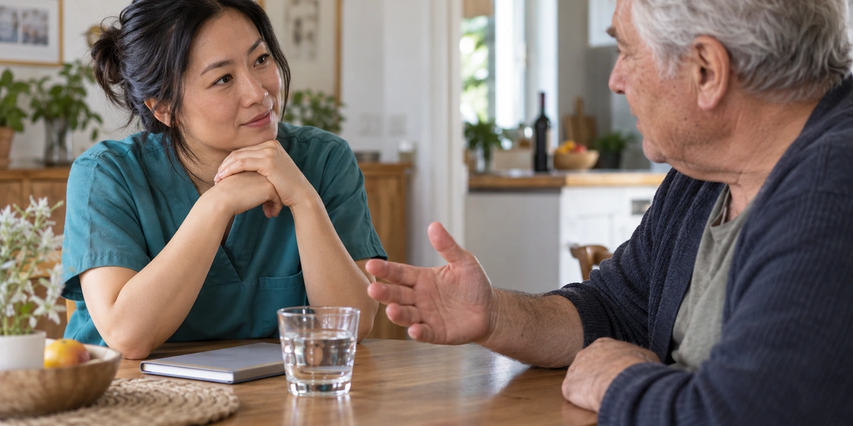 Infirmière libérale écoutant un patient âgé parler de sa consommation d’alcool à son domicile.