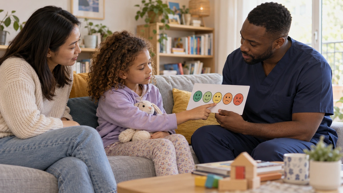 Enfant évaluant sa douleur sur une échelle des visages avec un infirmier libéral, en présence de sa mère à domicile.