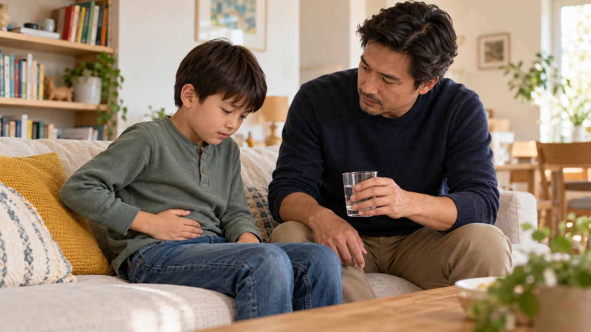 Enfant tenant son ventre tandis que son père lui propose un verre d’eau dans leur salon.