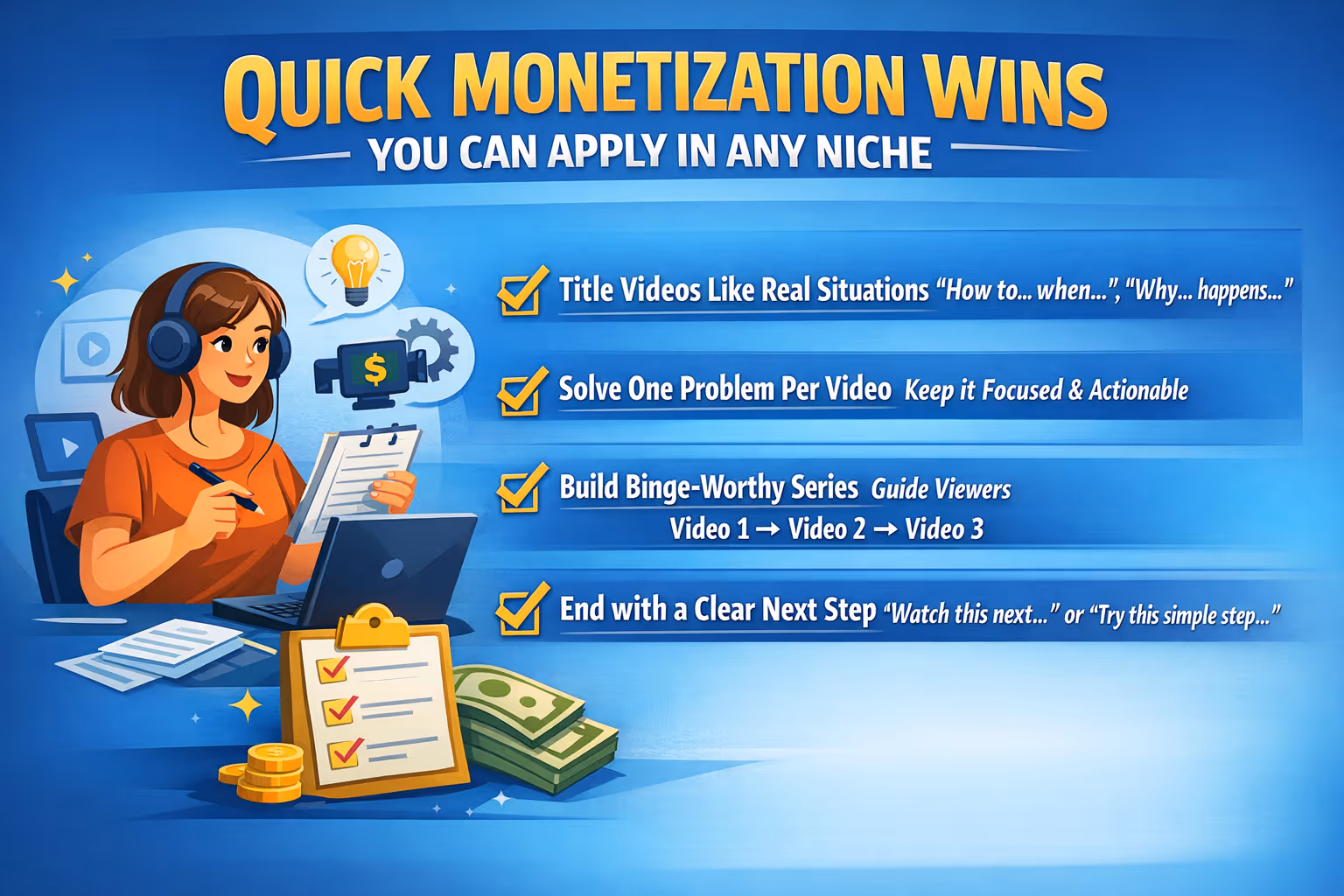 YouTube monetization checklist for beginners showing solution-based video strategy, series content, and early revenue optimization