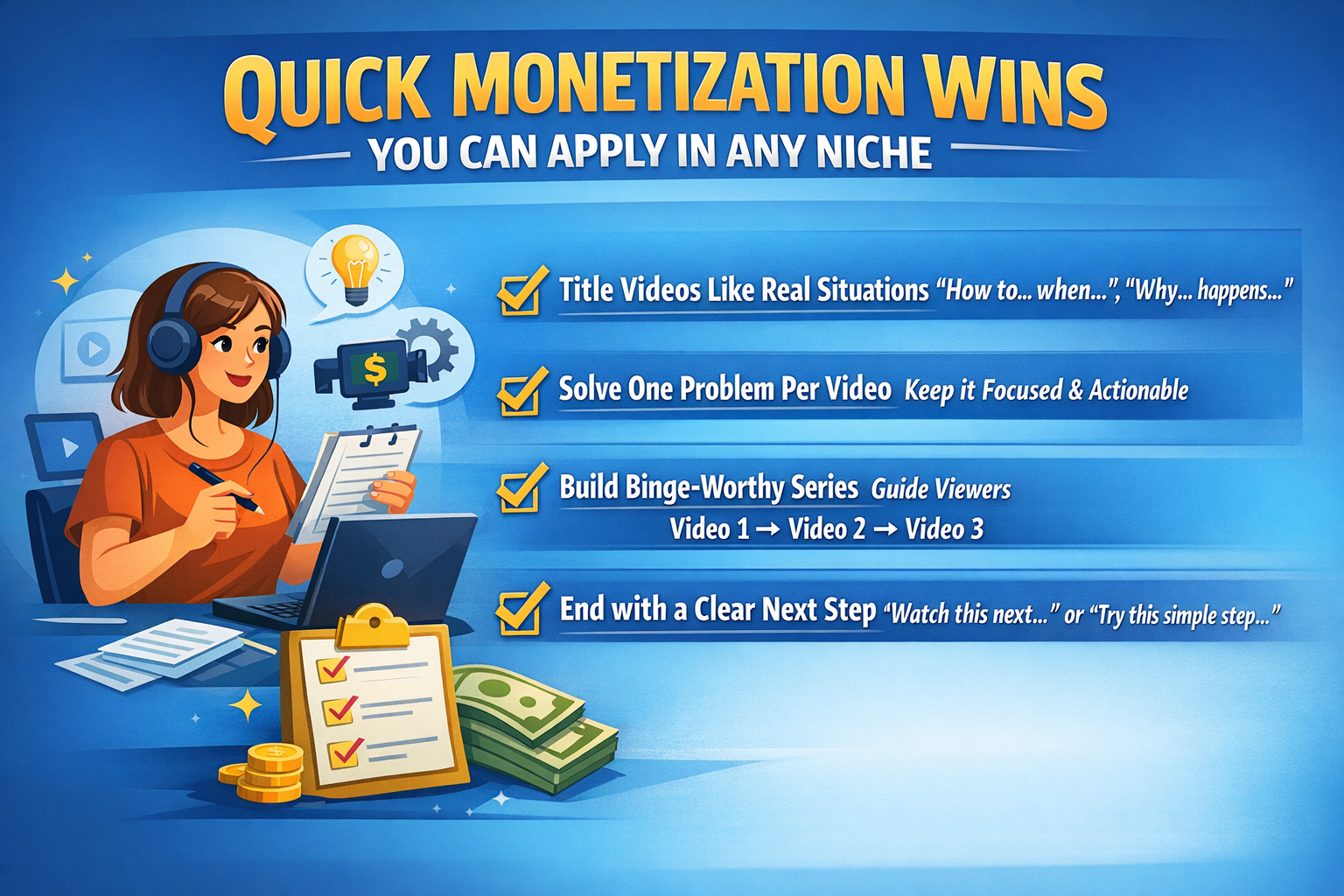 YouTube monetization checklist for beginners showing solution-based video strategy, series content, and early revenue optimization