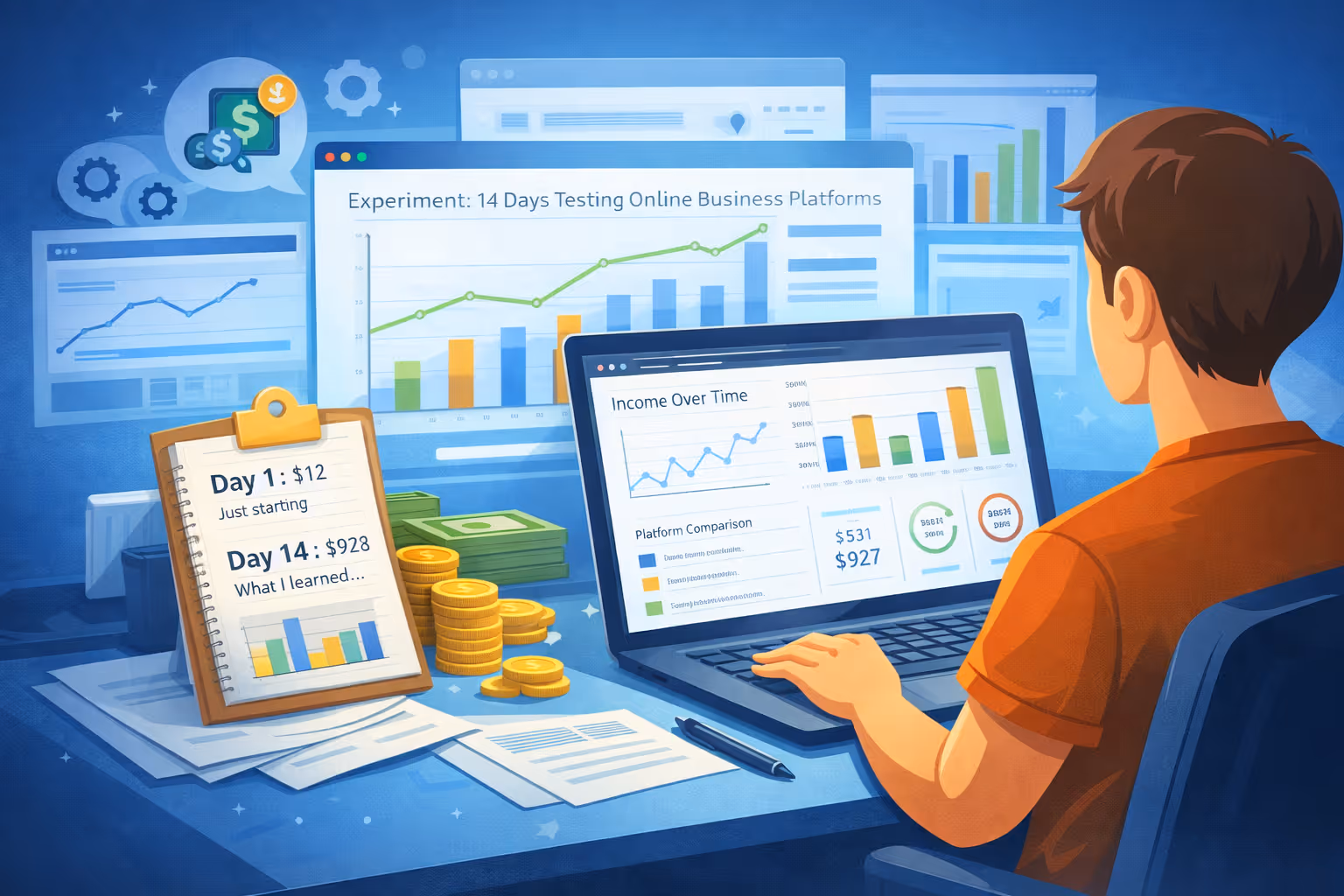 Faceless illustration showing data-driven make money online strategy with income charts, testing results, and realistic online business analytics for beginners