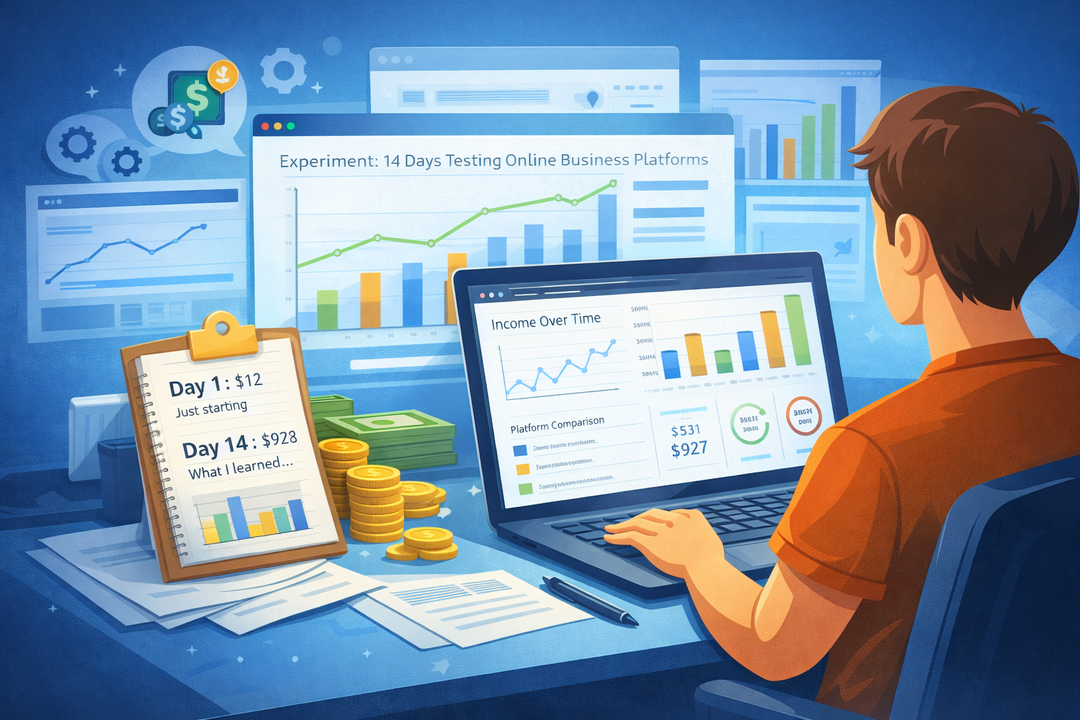 Faceless illustration showing data-driven make money online strategy with income charts, testing results, and realistic online business analytics for beginners