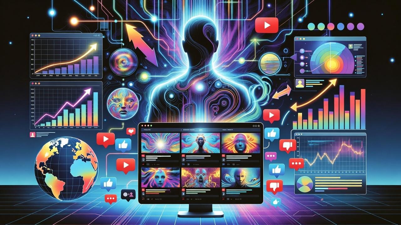 Abstract visualization of YouTube AI algorithm analyzing video content and viewer behavior