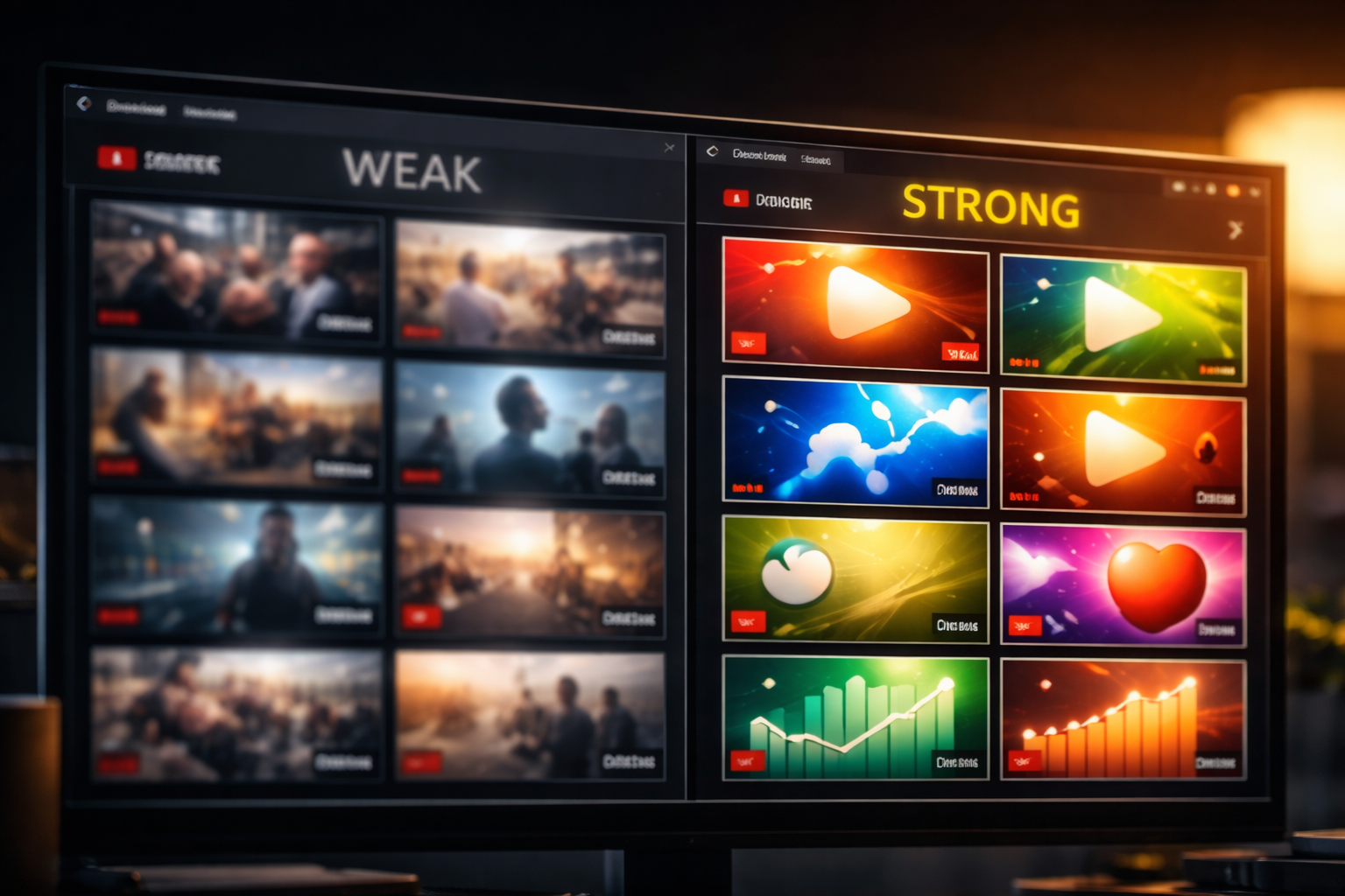 Side-by-side YouTube thumbnail comparison showing weak, cluttered designs versus strong, high-contrast thumbnails that attract clicks