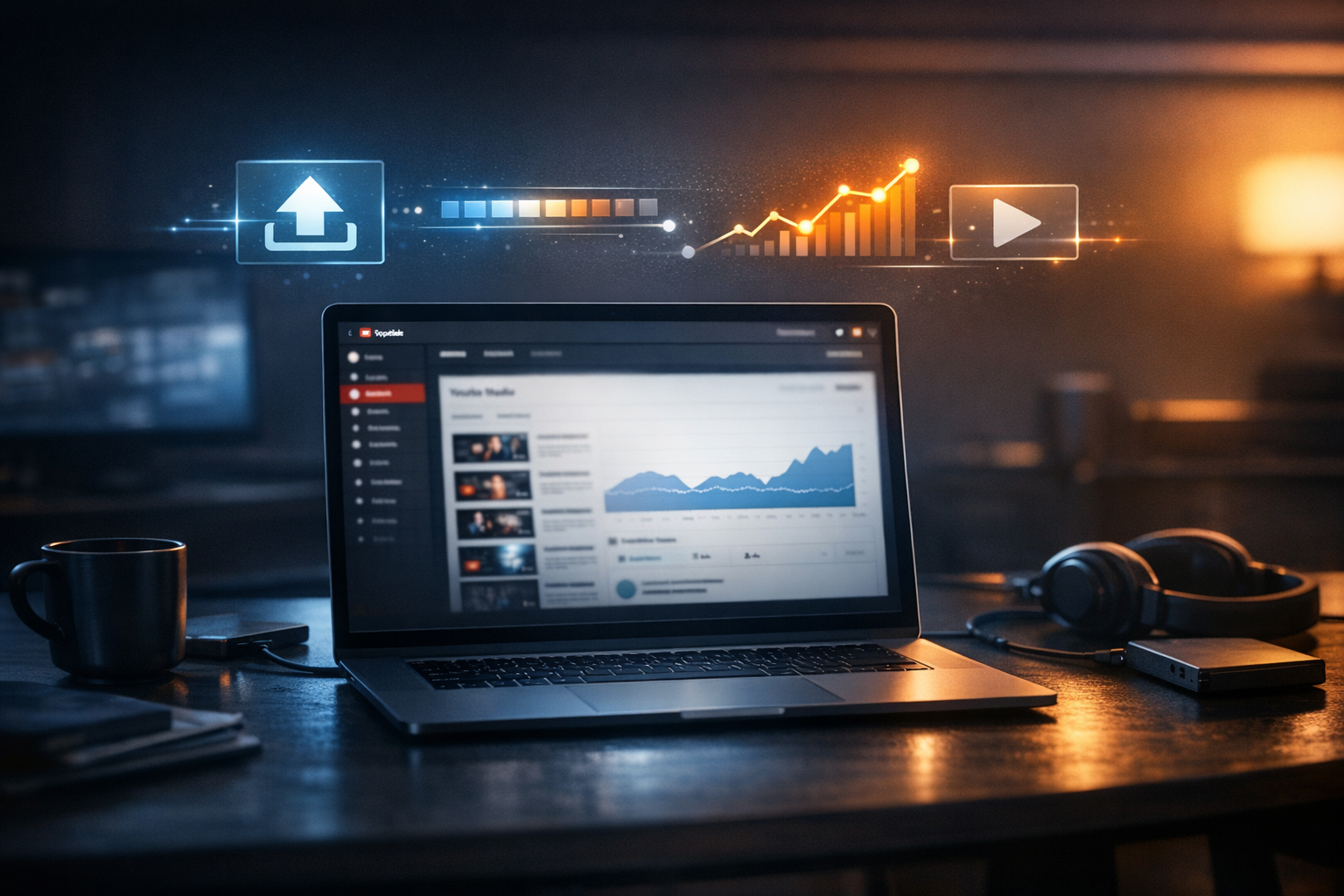 Faceless YouTube channel growth system displayed on a laptop with analytics, upload, and performance signals