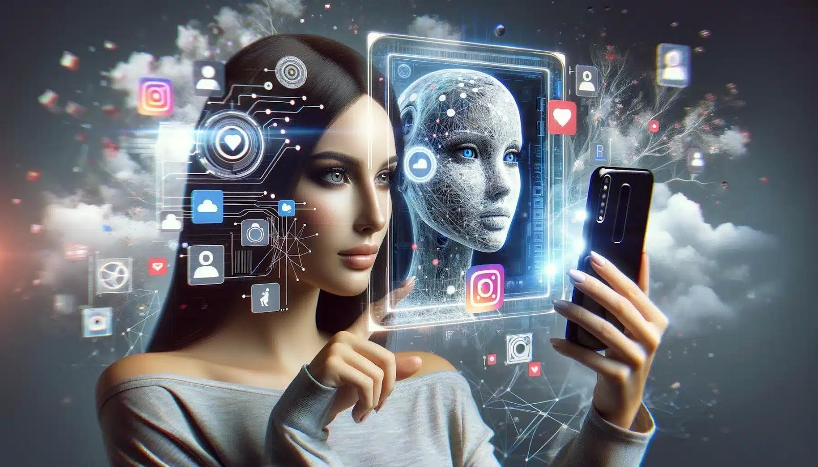 AI influencer creation concept showing a digital avatar and futuristic social media interface
