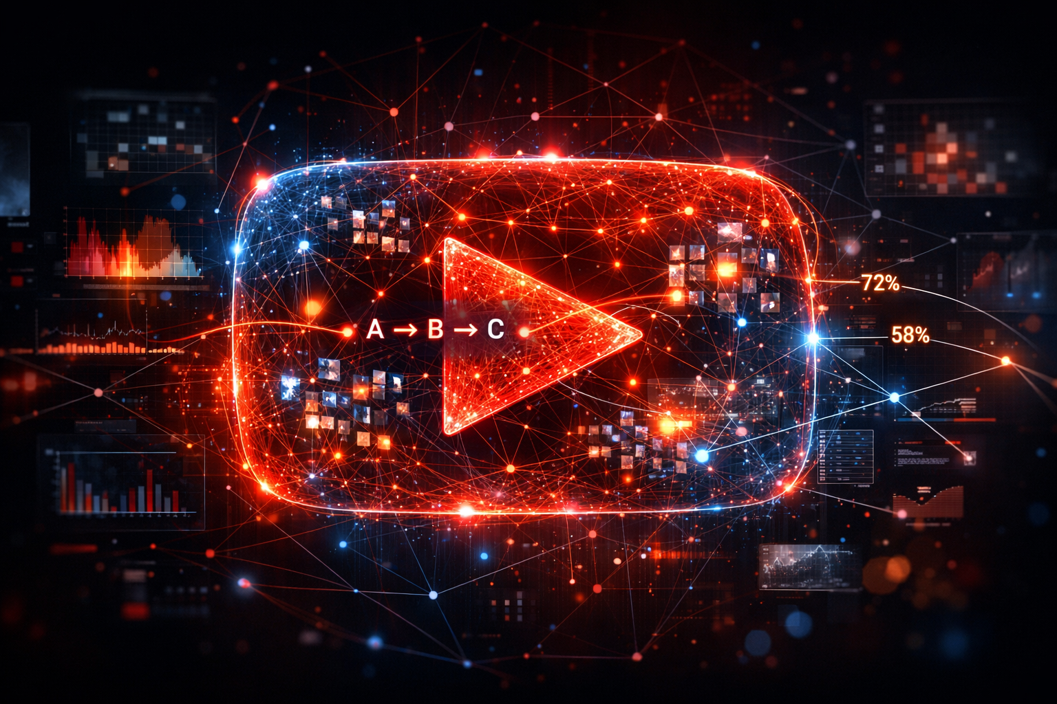 Visualization of the YouTube algorithm in 2026 shown as a glowing neural network inside the play button, representing session paths, AI recommendations, and viewer behavior signals