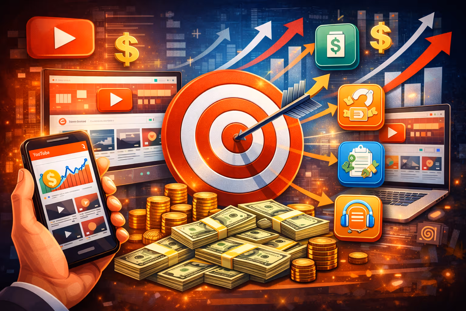 Illustration of a YouTube channel dashboard, growth charts, money, and multiple income stream icons showing how a YouTube channel can be scaled into a profitable business