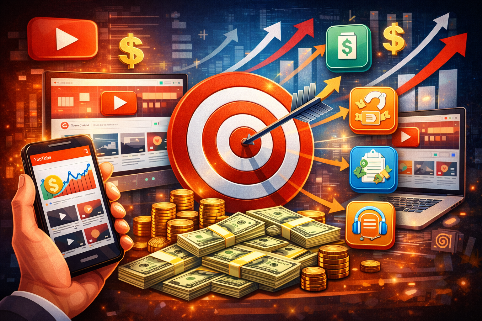 Illustration of a YouTube channel dashboard, growth charts, money, and multiple income stream icons showing how a YouTube channel can be scaled into a profitable business