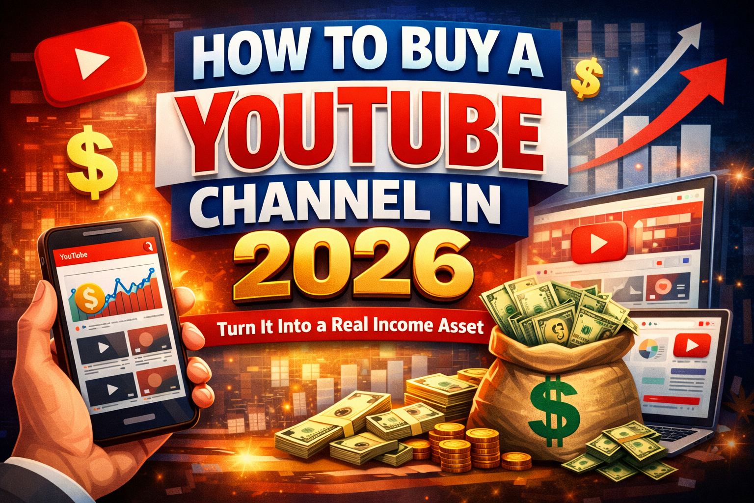 Illustration showing a smartphone with YouTube analytics, a laptop, rising growth charts, and money, representing how to buy a YouTube channel and turn it into an income asset in 2026