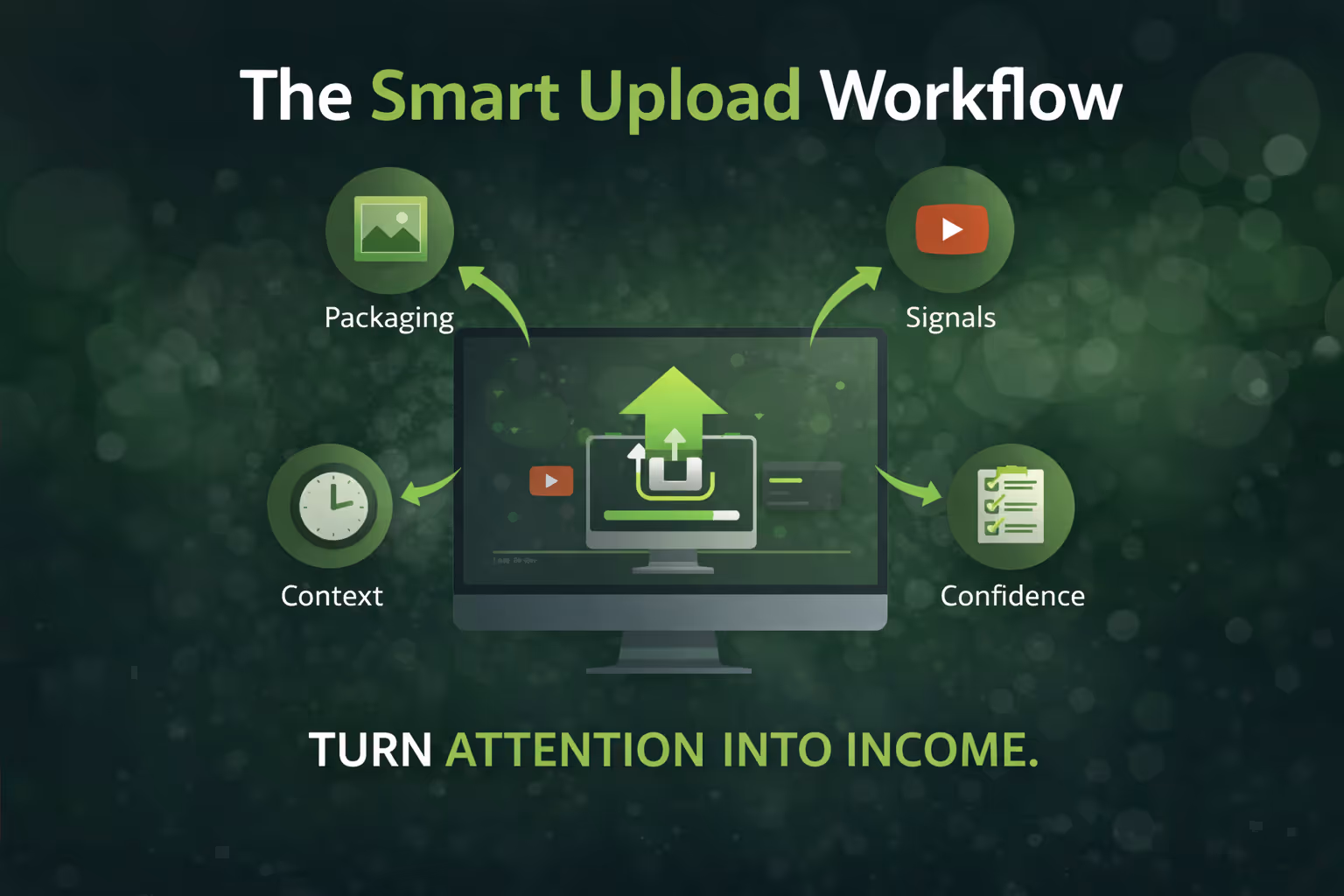 Infographic showing the smart YouTube upload workflow from packaging and optimization checklist to upload screen and monetization target, in green and dark tones