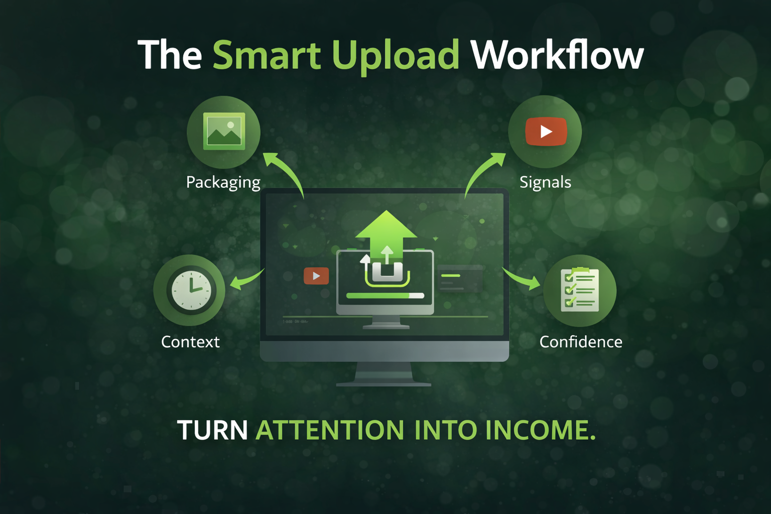 Infographic showing the smart YouTube upload workflow from packaging and optimization checklist to upload screen and monetization target, in green and dark tones