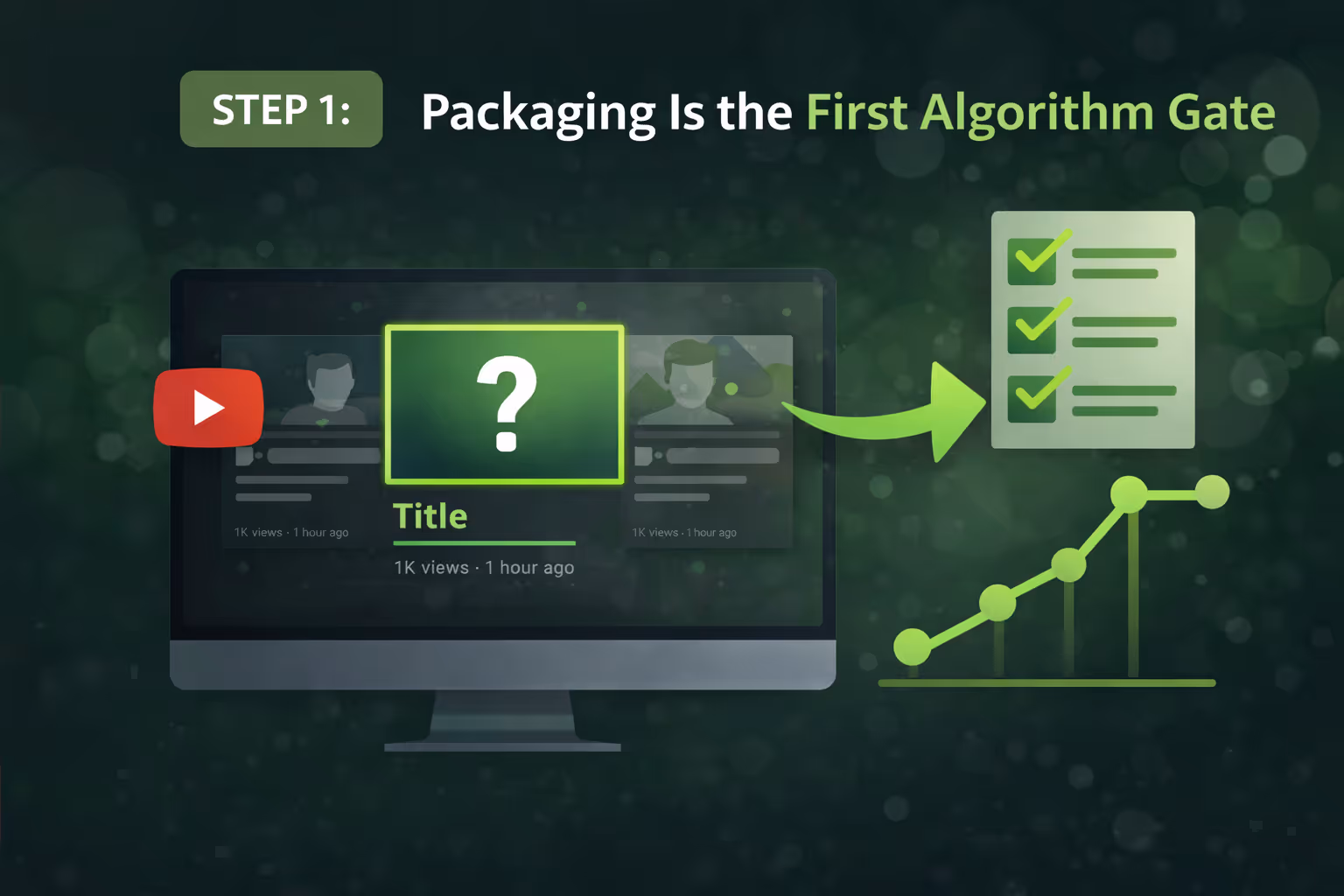 Illustration showing a YouTube video thumbnail on a computer screen with a question mark, checklist, and upward graph, representing how packaging is the first algorithm gate